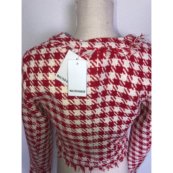 Walter Baker Red and White Picnic Tweed Houndstooth Fringe Jacket -S - Picture 6 of 6